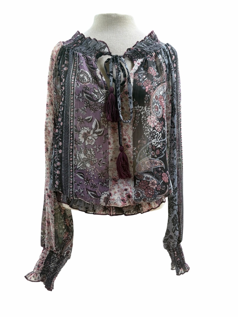 Boho Purple and Black Sheer Paisley Peasant Blouse